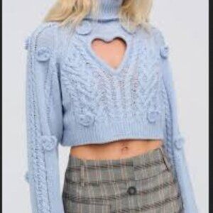 💙 NWT Love & Lemons Baby Blue Rebecca Heart Cutout Sweater Appliqué Knit Size M
